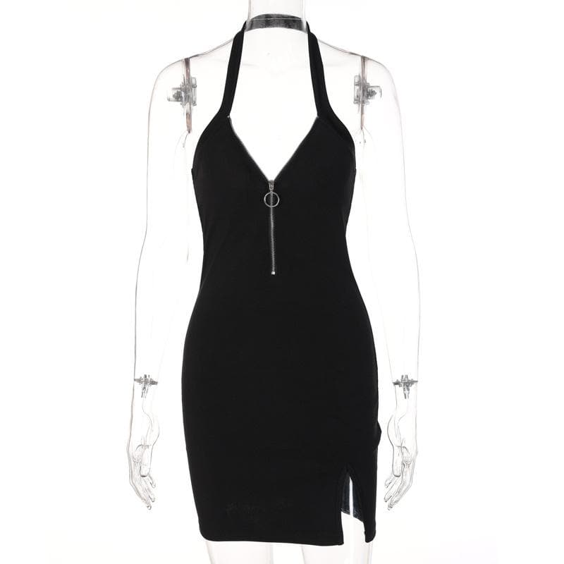 Halter Deep V Front Zip Ring Pull Thigh Slit Bodycon Mini Dress