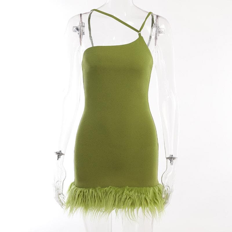 Asymmetric Neck Spaghetti Strap Feather Trim Bodycon Mini Dress