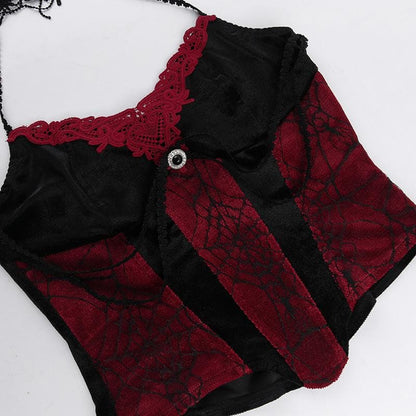 Halter Lace Trim Velvet Corset Tiered Train Skirt Set