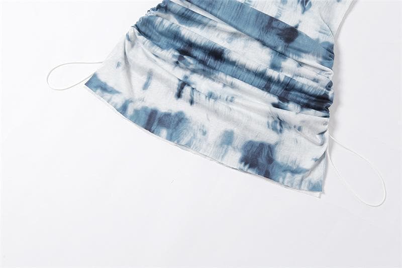 Cowl Neck Spaghetti Strap Tie Dye Side Ruched Bodycon Mini Dress