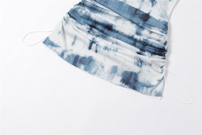 Cowl Neck Spaghetti Strap Tie Dye Side Ruched Bodycon Mini Dress