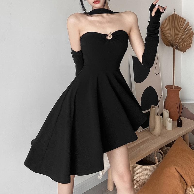 Halter Neck Chest Cutout Asymmetric Hem Detached Sleeve Mini Dress