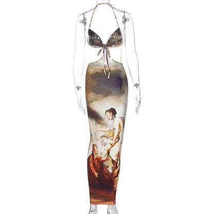 Renaissance Print Halter Waist Cutout Bodycon Midi Dress