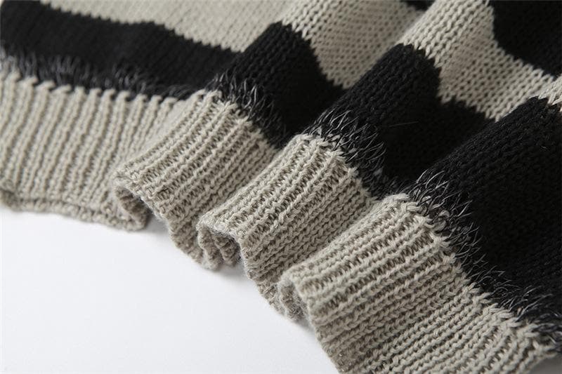 Crew Neck Distressed Open Knit Glitch Stripe Rib Knit Mini Dress