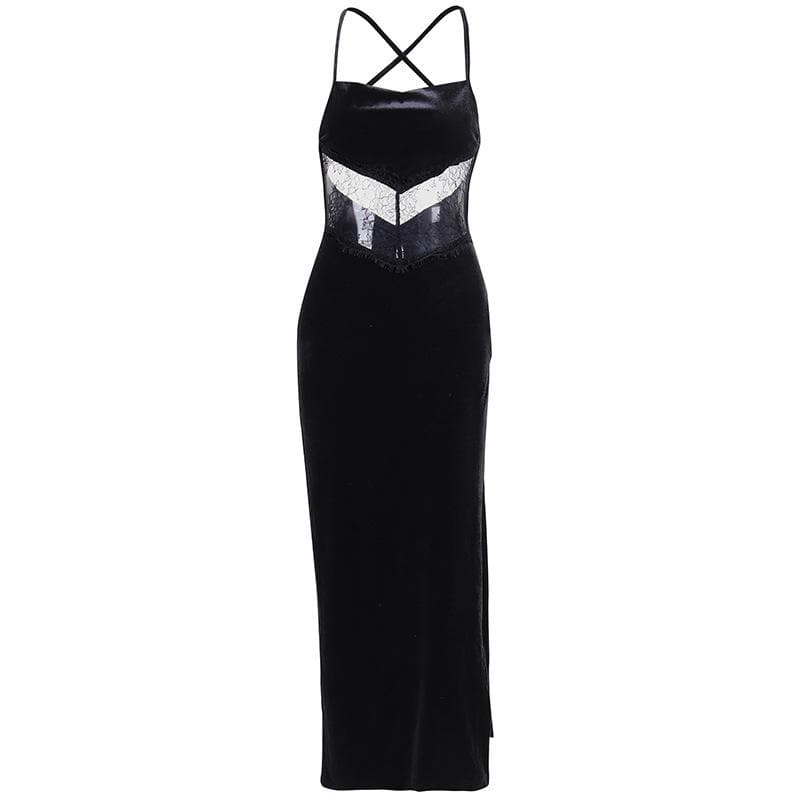 Velvet Spaghetti Strap Square Neck Lace Waist Insert Side Slit Midi Dress