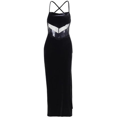 Velvet Spaghetti Strap Square Neck Lace Waist Insert Side Slit Midi Dress