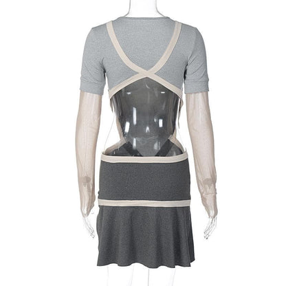 Mesh Long Sleeve Contrast Cross Front Hollow Out Mini Dress