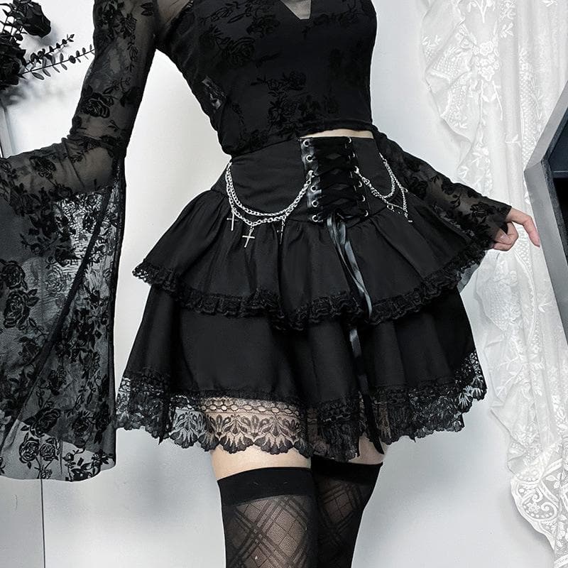 Ruched Lace Hem Chain Detail Lace Up Tiered Mini Skirt