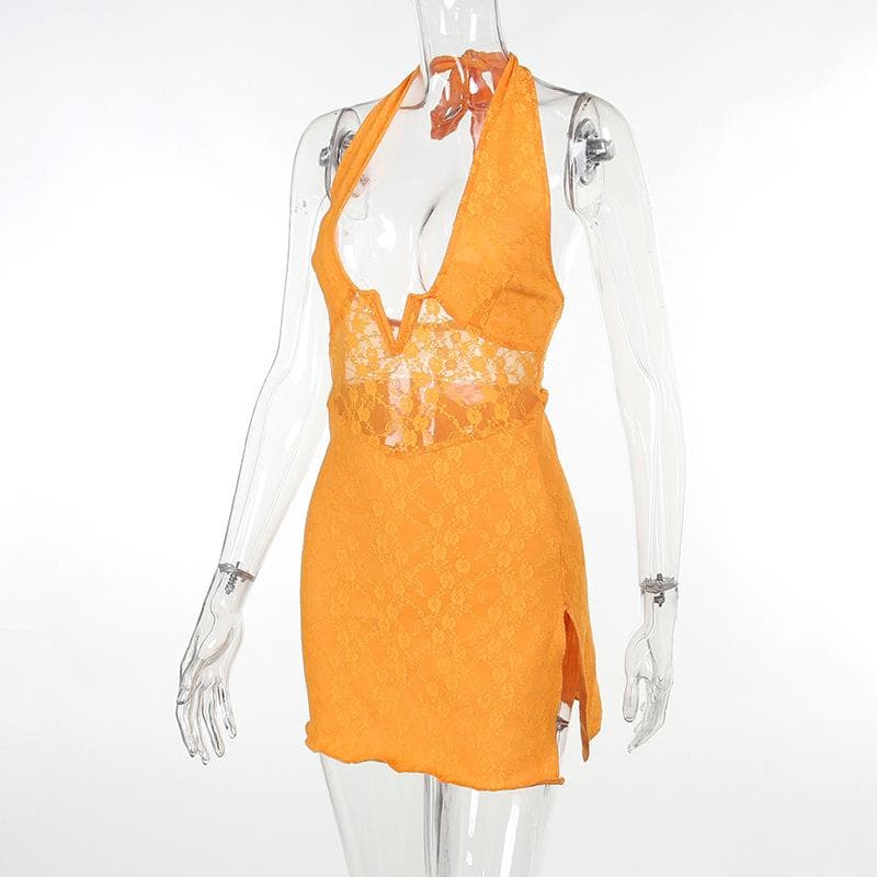 Halter Notch Neck Lace Side Slit Sheer Waist Bodycon Mini Dress