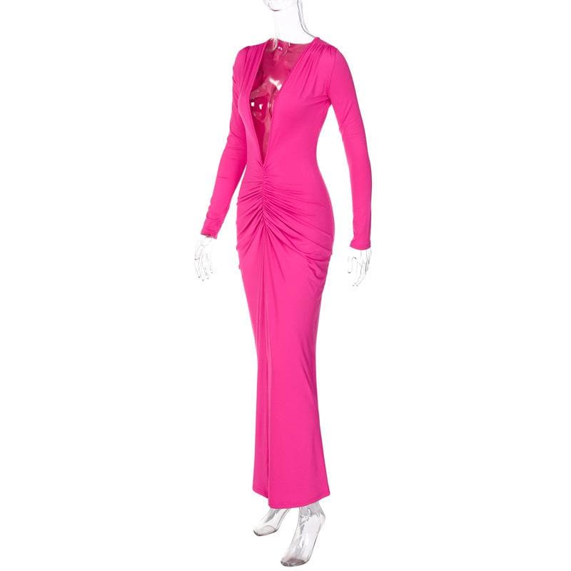 Deep V Long Sleeve Convertible Neckline Ruched Maxi Dress
