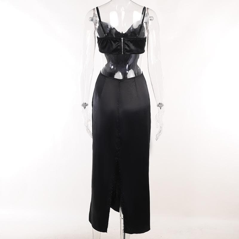 Rhinestone Butterfly Motif Spaghetti Strap Waist Cutout Satin Maxi Dress