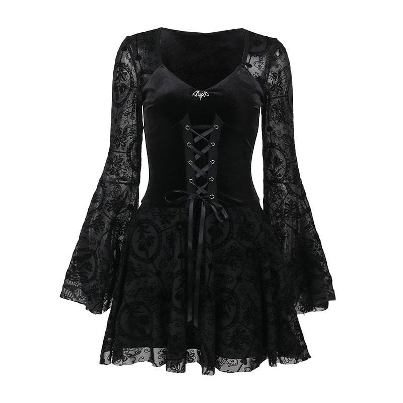 Velvet Lace-Up Corset Bodice Bell Sleeve Flocked Mesh Patchwork Mini Dress