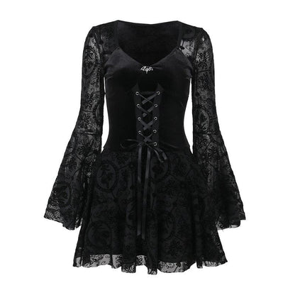 Velvet Lace-Up Corset Bodice Bell Sleeve Flocked Mesh Patchwork Mini Dress