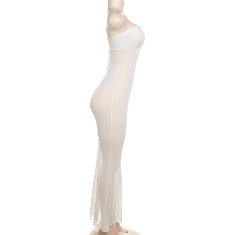 Sheer Mesh Tube Keyhole Ring Center Seam Bodycon Maxi Dress
