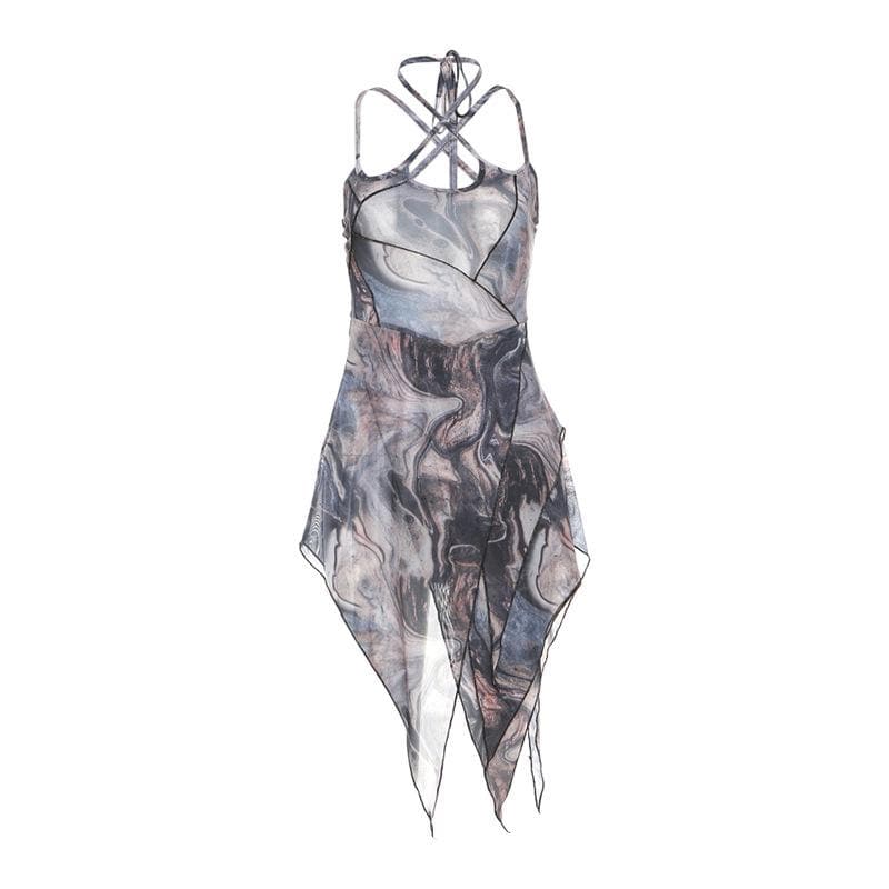 Halter Cross Front Marble Print Contrast Stitch Asymmetric Hem Mini Dress