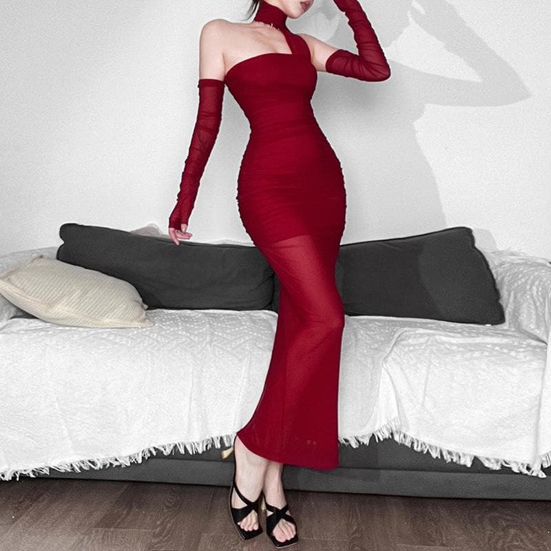 One Shoulder Ruched Mesh Overlay Column Maxi Dress with Opera Gloves Set
