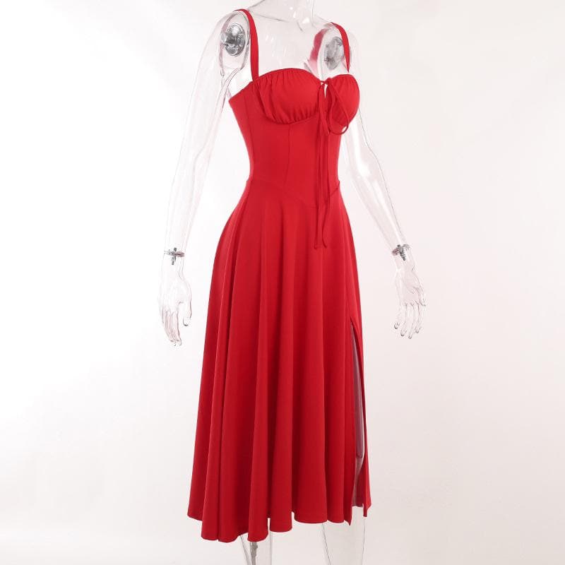 Ruched Sweetheart Neck Spaghetti Strap High Slit Midi Dress