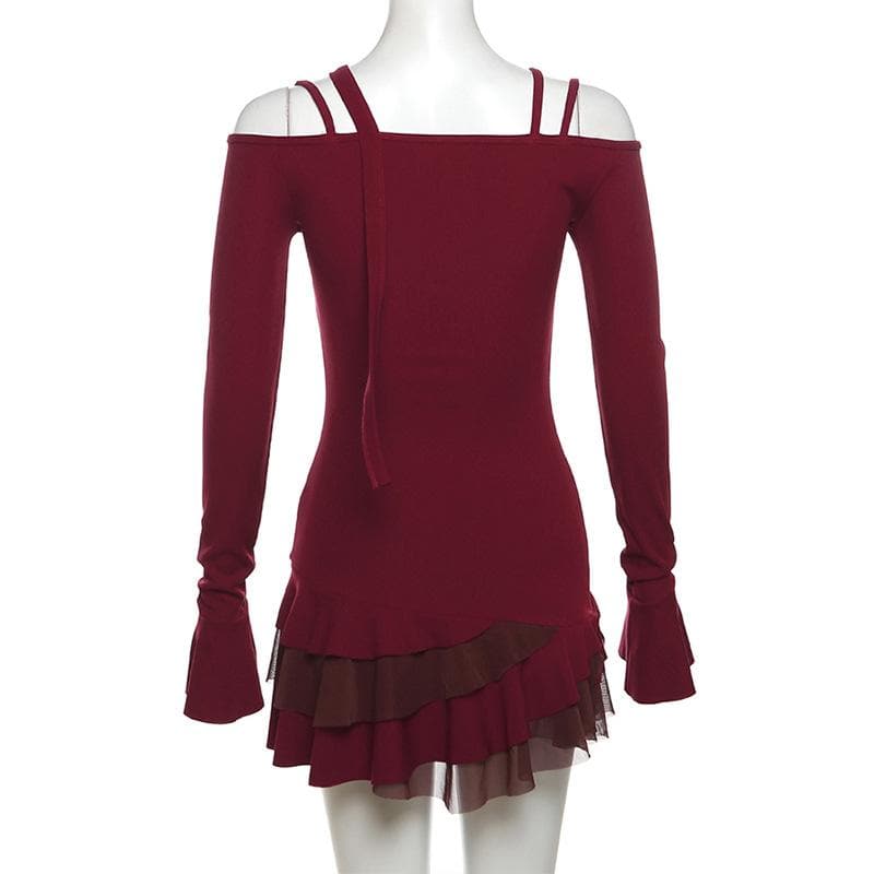 Chain Button Off-Shoulder Mesh Ruffle Tiered Mini Dress