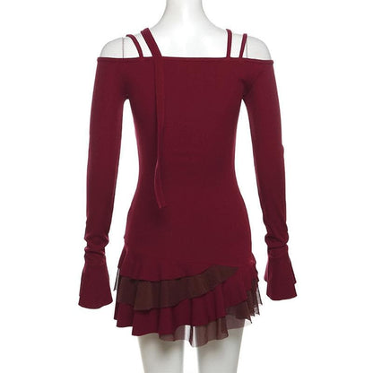Chain Button Off-Shoulder Mesh Ruffle Tiered Mini Dress
