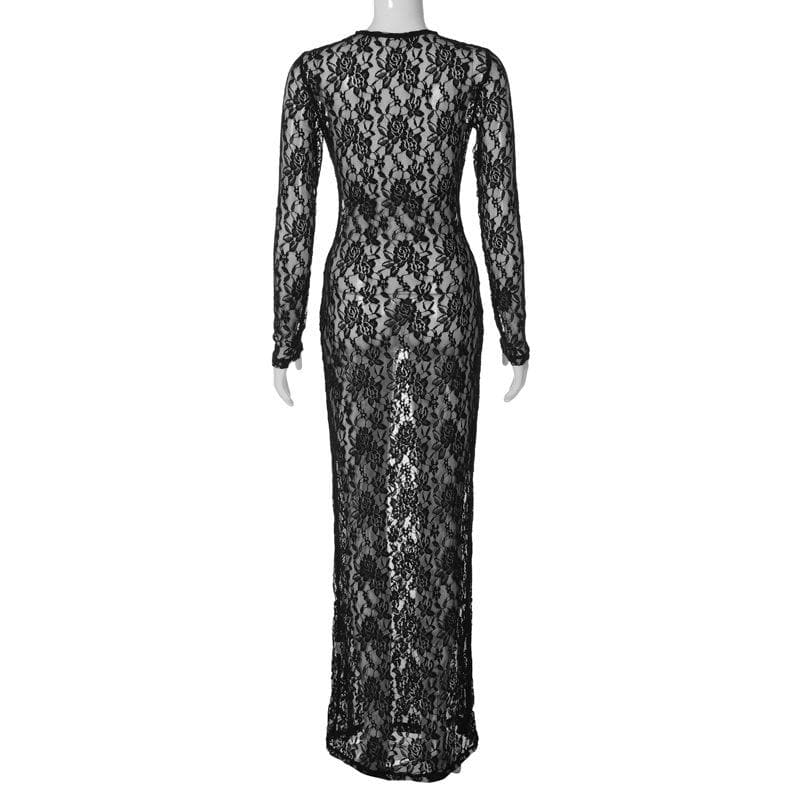 Floral Lace Long Sleeve Crewneck Sheer Bodycon Maxi Dress