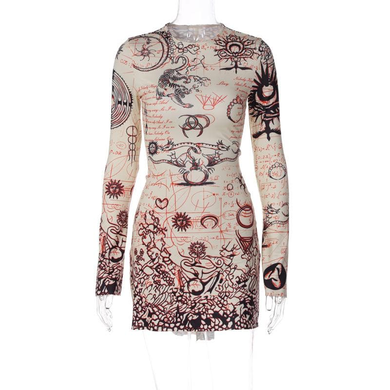 Crew Neck Bell Cuff Mystical Tapestry Print Bodycon Mini Dress