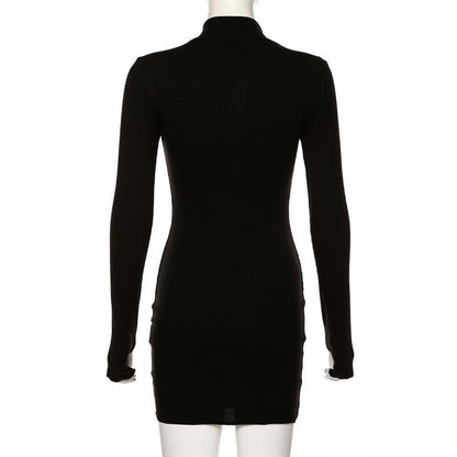 Mock Neck Quarter Zip Thumbhole Long Sleeve Bodycon Mini Dress