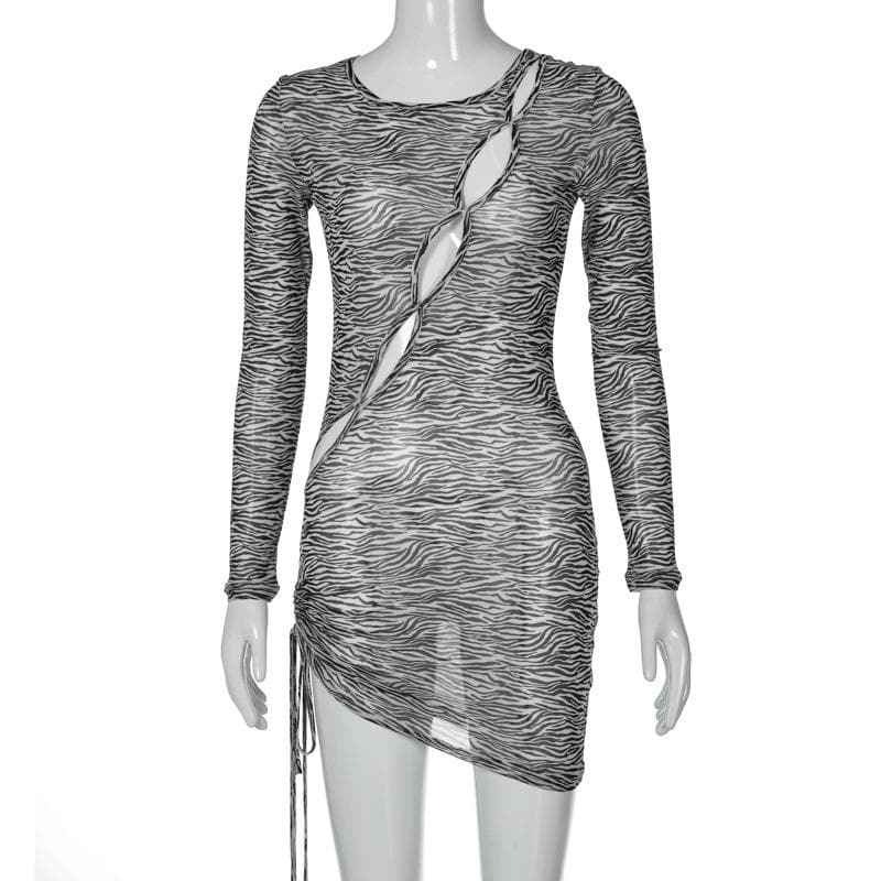 Crew Neck Zebra Print Diagonal Cutout Long Sleeve Mini Dress