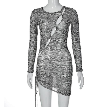 Crew Neck Zebra Print Diagonal Cutout Long Sleeve Mini Dress