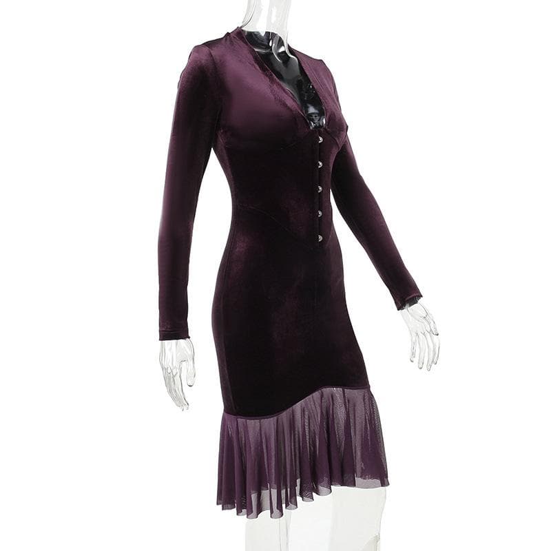 Velvet Hook And Eye Corset Ruffle Hem Long Sleeve Midi Dress