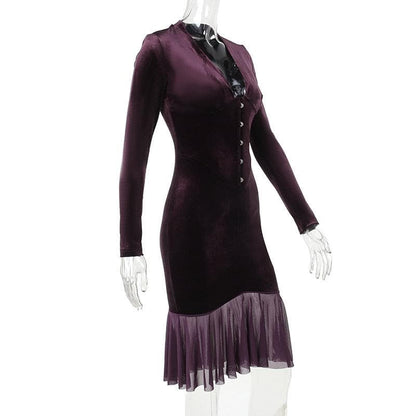 Velvet Hook And Eye Corset Ruffle Hem Long Sleeve Midi Dress