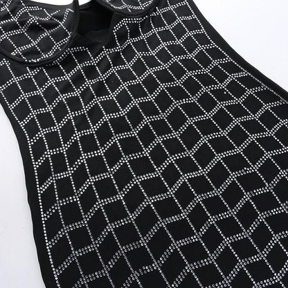Rhinestone Grid Pattern Sweetheart Neck Cutout Bodycon Mini Dress