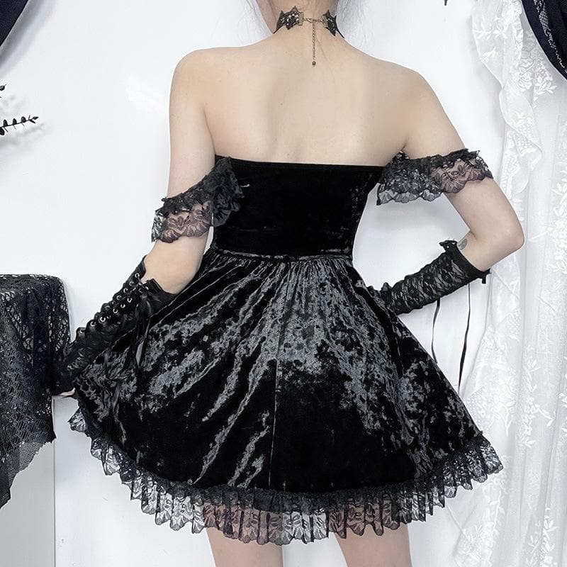 Sleeveless Velvet Lace Hem Ruffle Lace-Up Mini Dress