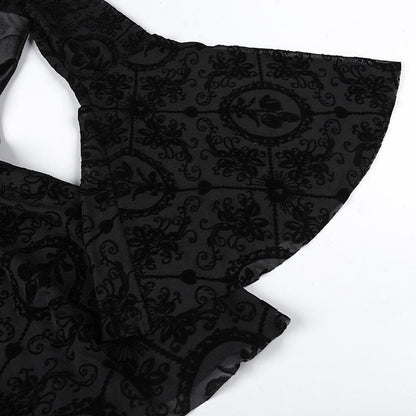 Velvet Lace-Up Corset Bodice Bell Sleeve Flocked Mesh Patchwork Mini Dress