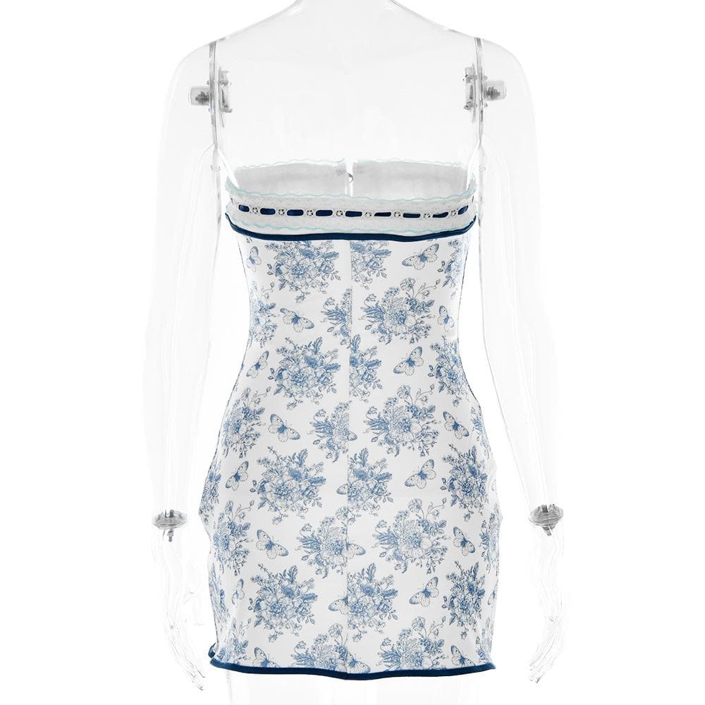 Strapless Lace Trim Bow Tie Butterfly Print Tube Mini Dress
