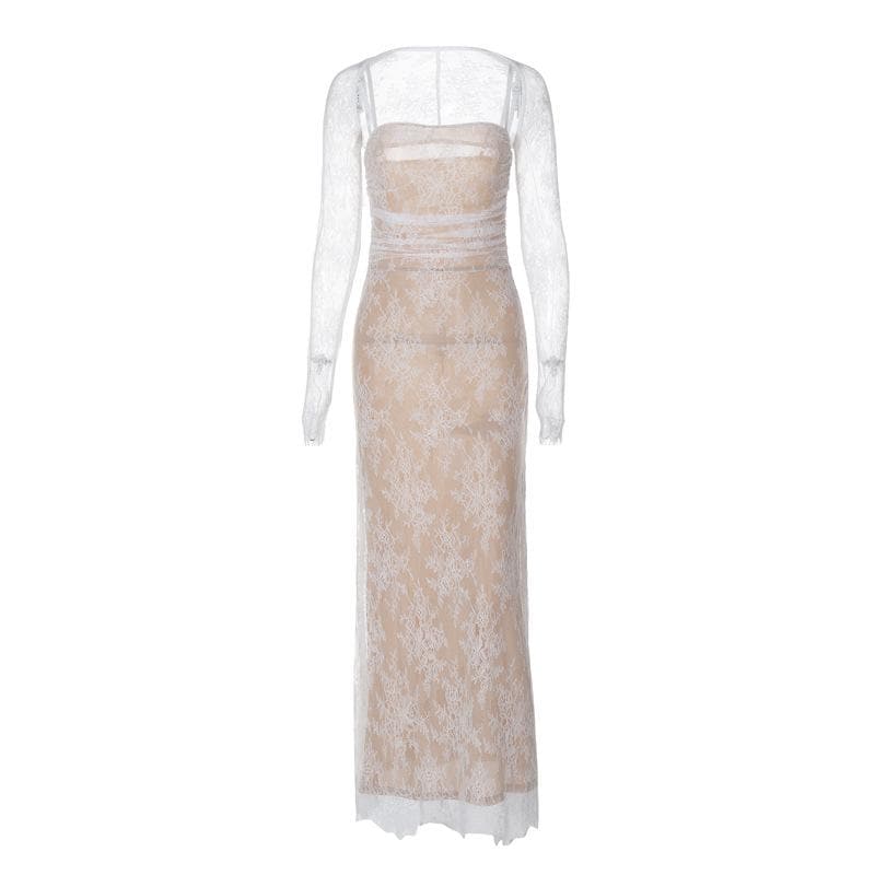 Long Sleeve Lace Zip Up Ruched Shrug Cami Maxi Dress