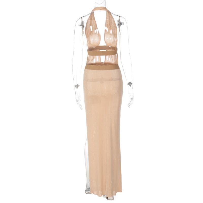 Halter Deep V Neck Mesh Band Cutout High Slit Bodycon Maxi Dress