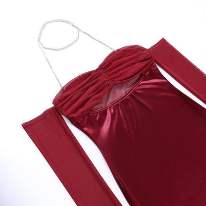 Mesh Ruched Halter Chain Neck Cutout Mini Dress with Detached Sleeves Set