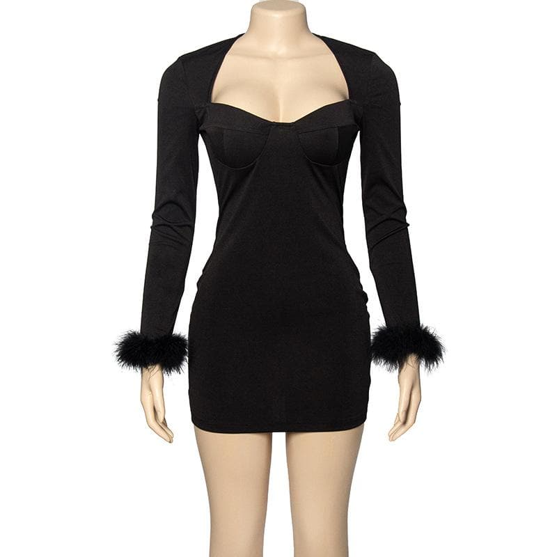 Sweetheart Bustier Feather Cuff Long Sleeve Mini Dress