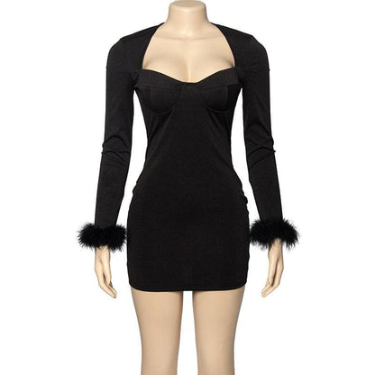 Sweetheart Bustier Feather Cuff Long Sleeve Mini Dress