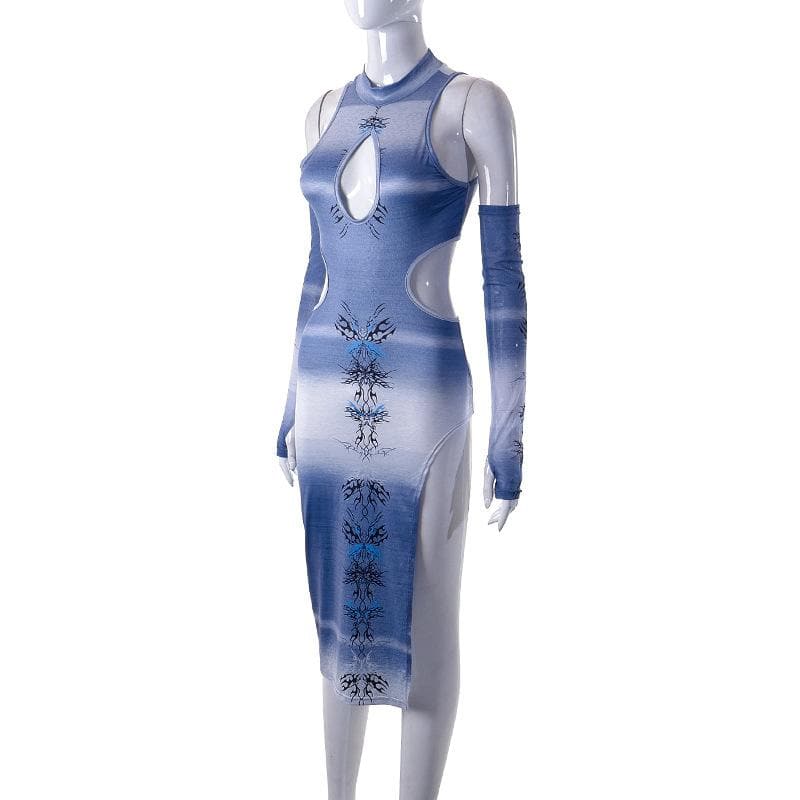 Abstract Print Keyhole Cutout Mock Neck Detached Sleeve Slit Midi Dress