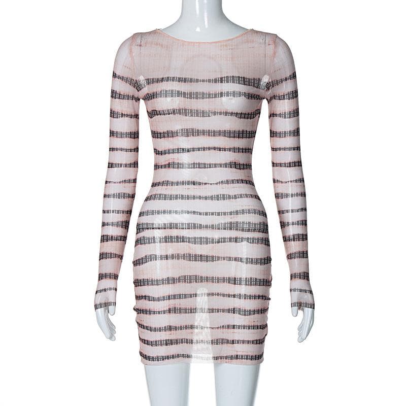 Striped Sheer Mesh Crew Neck Long Sleeve Bodycon Mini Dress
