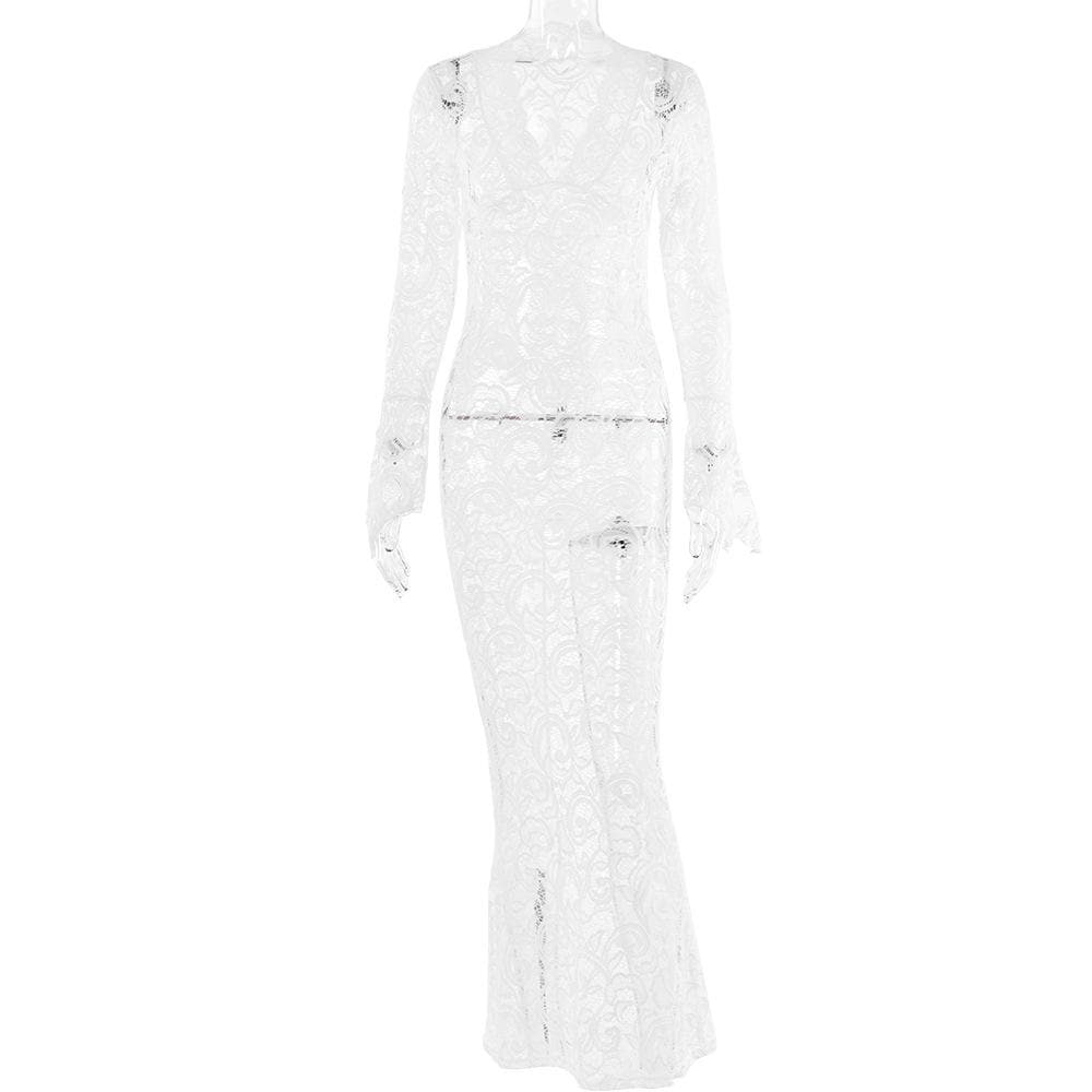 Lace V Neck Long Sleeve Sheer Flared Leg Jumpsuit