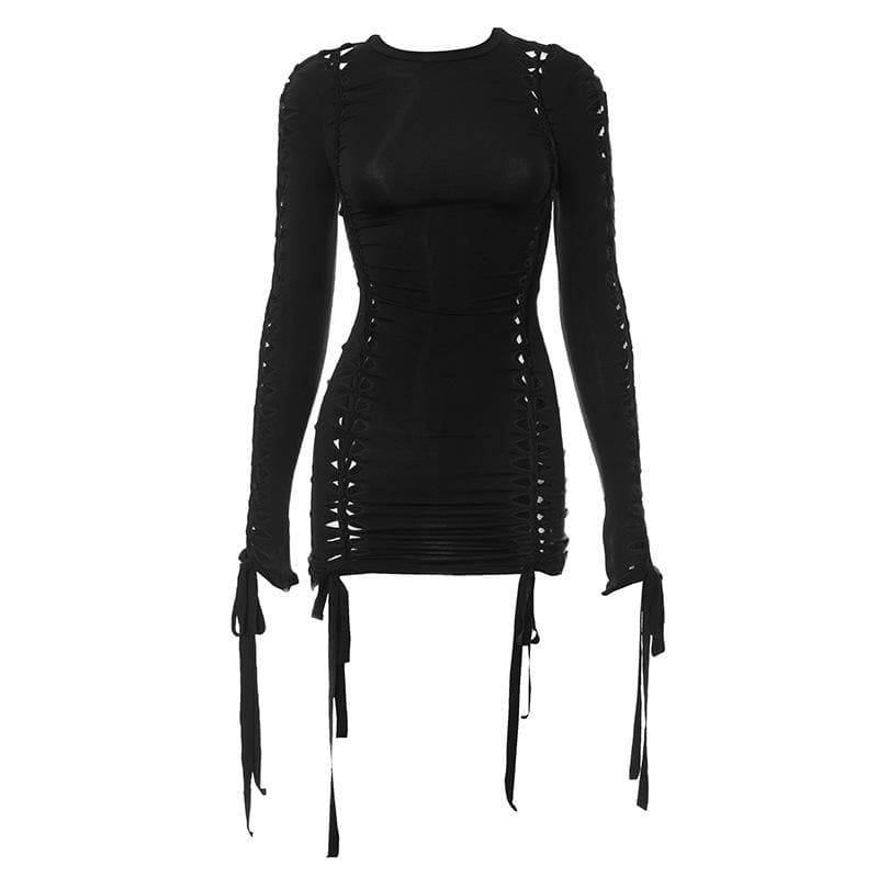 Crew Neck Long Sleeve Ladder Cutout Ruched Tie Hem Mini Dress