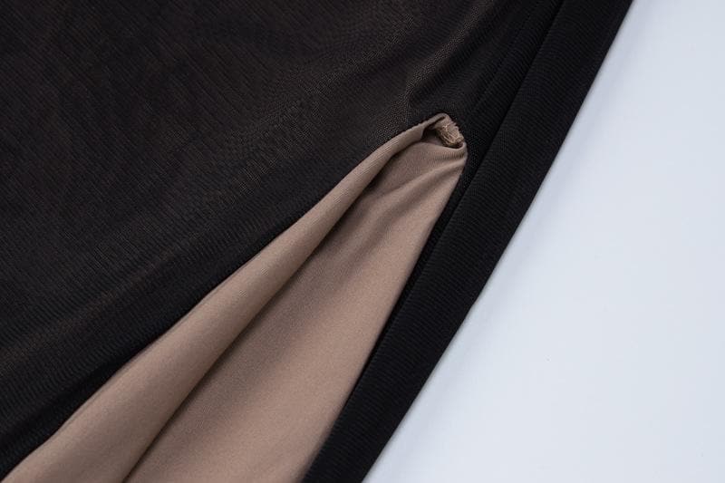 Cross Front Keyhole Halter Mesh Contrast Lined Side Slit Maxi Dress