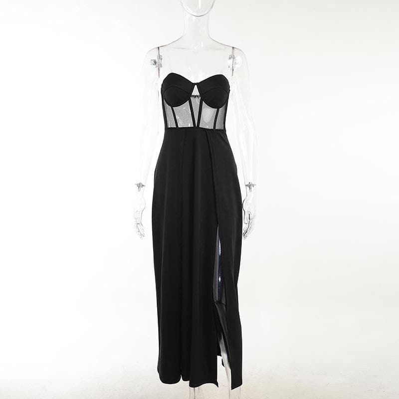 Strapless Sweetheart Corset Mesh Panel Double Slit Maxi Dress