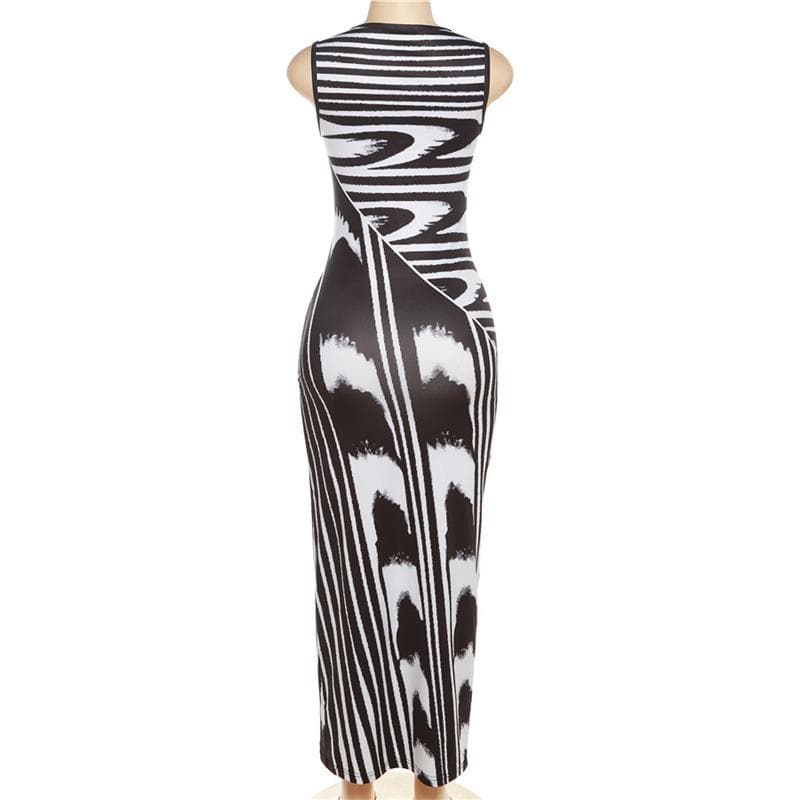 Abstract Graphic Stripe Boat Neck Sleeveless Bodycon Maxi Dress