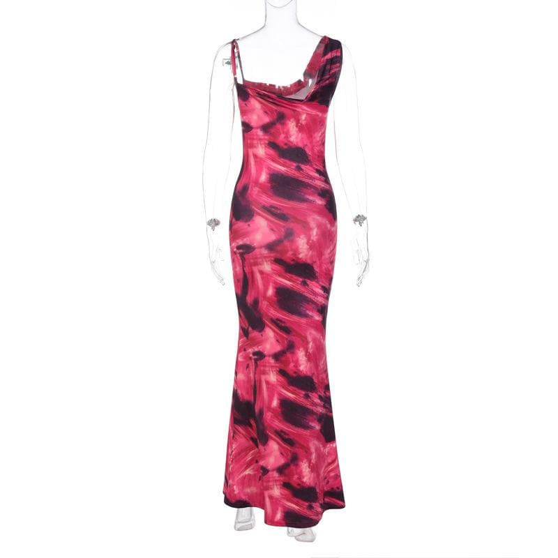 Asymmetrical Strap Abstract Marble Print Ruched Mermaid Maxi Dress
