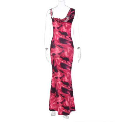 Asymmetrical Strap Abstract Marble Print Ruched Mermaid Maxi Dress