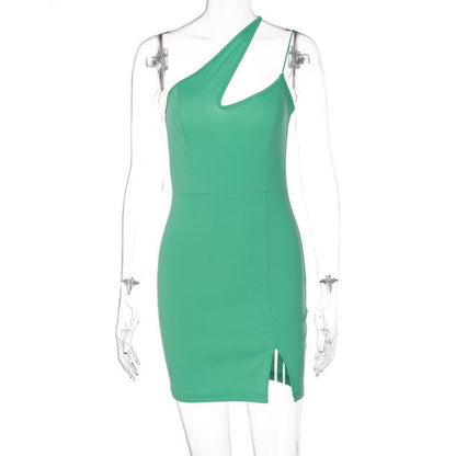 Asymmetric Strap Chest Cutout Spaghetti Strap Side Slit Mini Dress