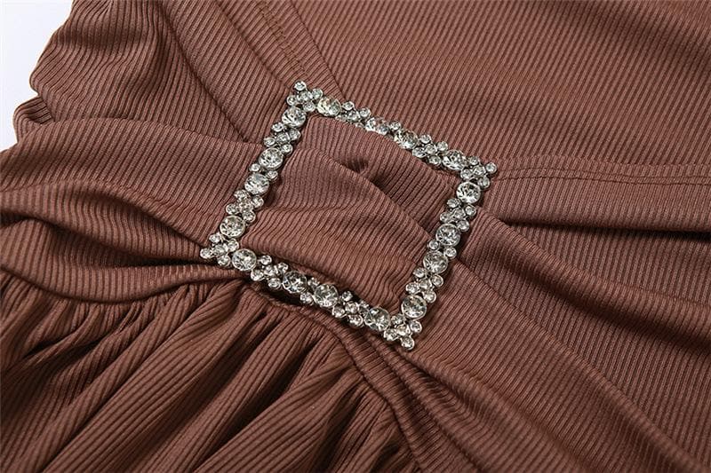 Rhinestone Buckle Ruched Rib Knit Ruffle Hem Tube Mini Dress